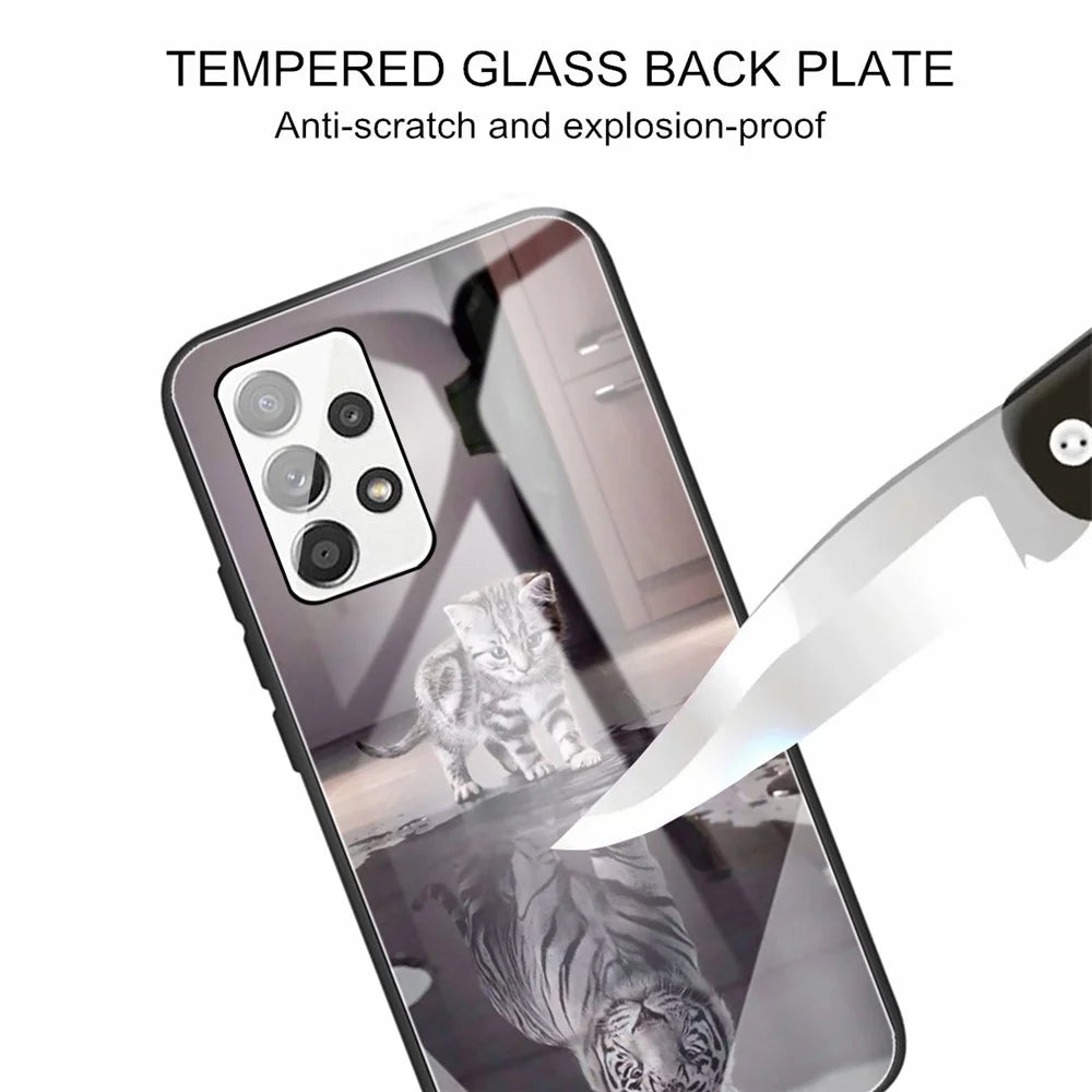 Tempered Glass Back Flexible TPU Bumper Anti-Scratch Pattern Printing Case for Samsung Galaxy A53 5G - Cat and Tiger - 3