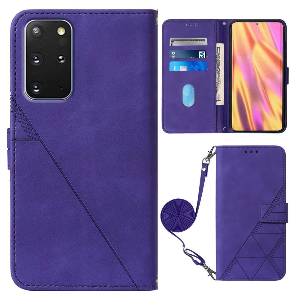 PB2-1 Series Stylish Lines Imprinting Magnetic Clasp Anti-dust Mobile Phone Bag Case PU Leather + TPU Stand Wallet Phone Cover with Shoulder Strap for Samsung Galaxy S20 Plus 4G/5G - Purple - 1