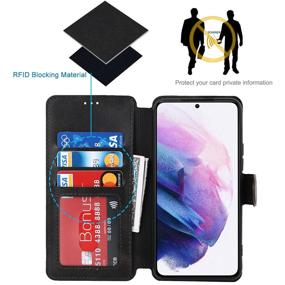 Vintage Texture Matte PU Leather Folio Flip Stand Case RFID Blocking Magnetic Wallet Cover for Samsung Galaxy S22 5G - Black - 3