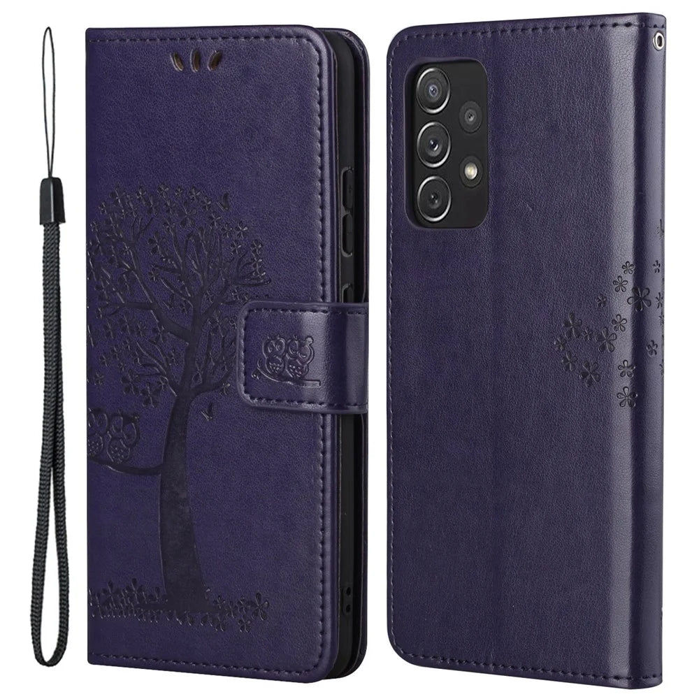 Owl Tree Pattern Imprinted Magnetic Clasp TPU and PU Leather Phone Case Stand Wallet Cover with Strap for Samsung Galaxy A73 5G - Dark Purple - 1