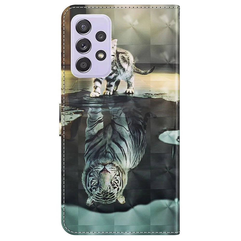 For Samsung Galaxy A13 4G 3D Pattern Printing Scratch-resistant Phone Case PU Leather Stand Phone Protector with Wallet Strap - Cat and Tiger - 3