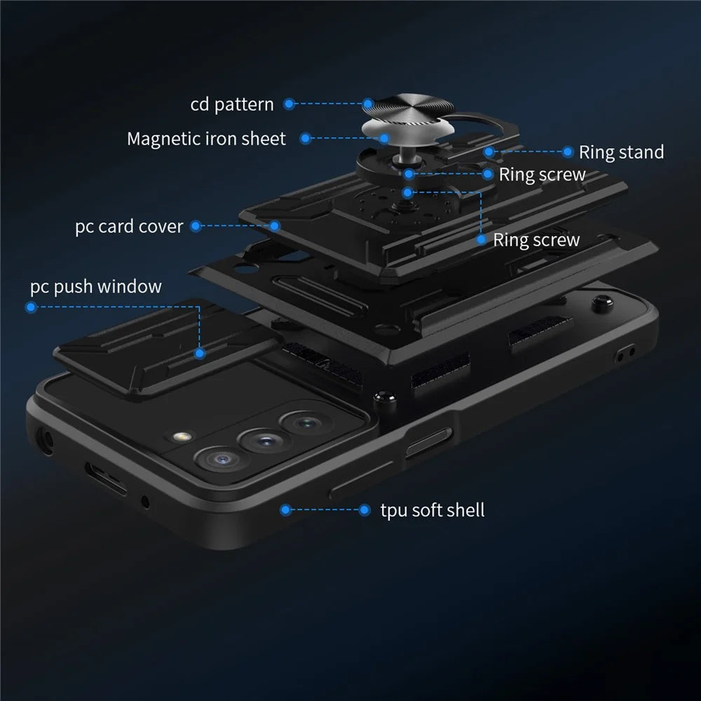 Camera Slide Cover Detachable Card Slot Design PC + TPU Hybrid Phone Case with Ring Kickstand for Samsung Galaxy S21 FE 5G - White - 3