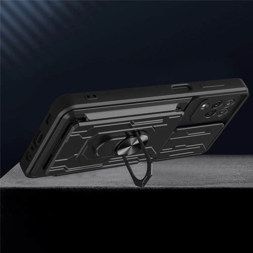 Ring Holder Kickstand Hard PC + Soft TPU Phone Case Shell with Camera Slide Cover and Detachable Card Slot for Samsung Galaxy A12 - Black - 2