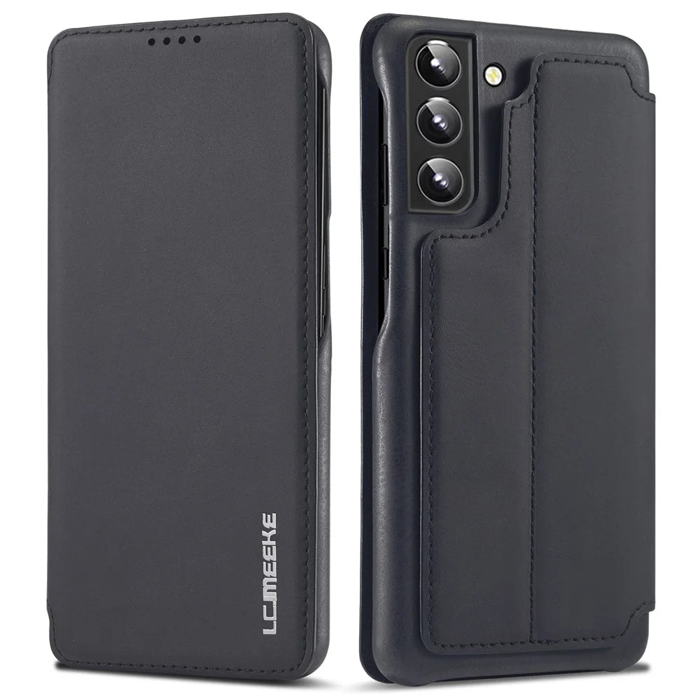 LC.IMEEKE Card Slot PU Leather + PC Full Protection Stand Phone Case Shell for Samsung Galaxy S22 5G - Black - 1