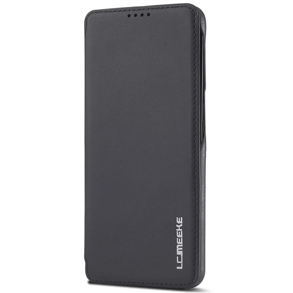 LC.IMEEKE Card Slot PU Leather + PC Full Protection Stand Phone Case Shell for Samsung Galaxy S22 5G - Black - 2