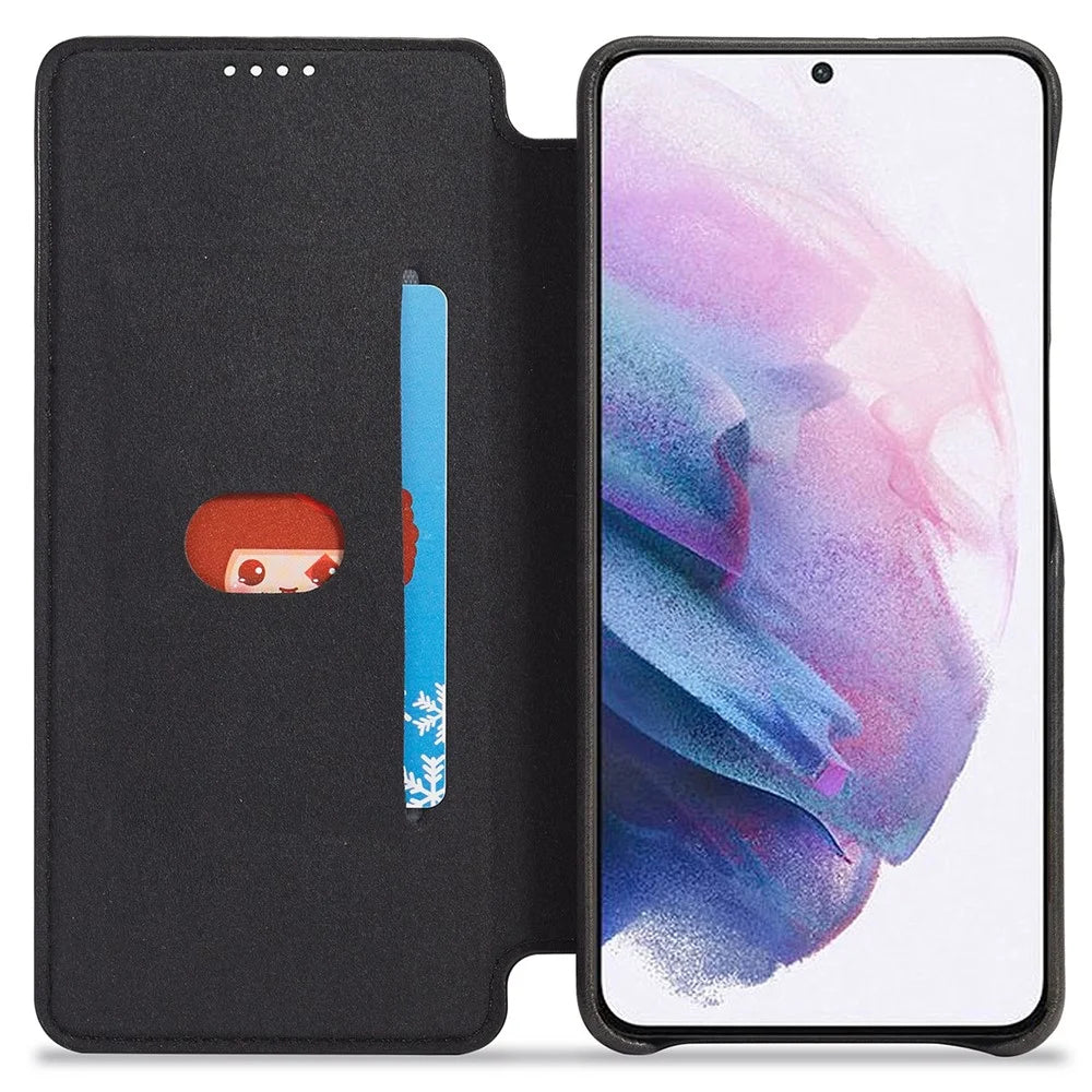 LC.IMEEKE Card Slot PU Leather + PC Full Protection Stand Phone Case Shell for Samsung Galaxy S22 5G - Black - 6