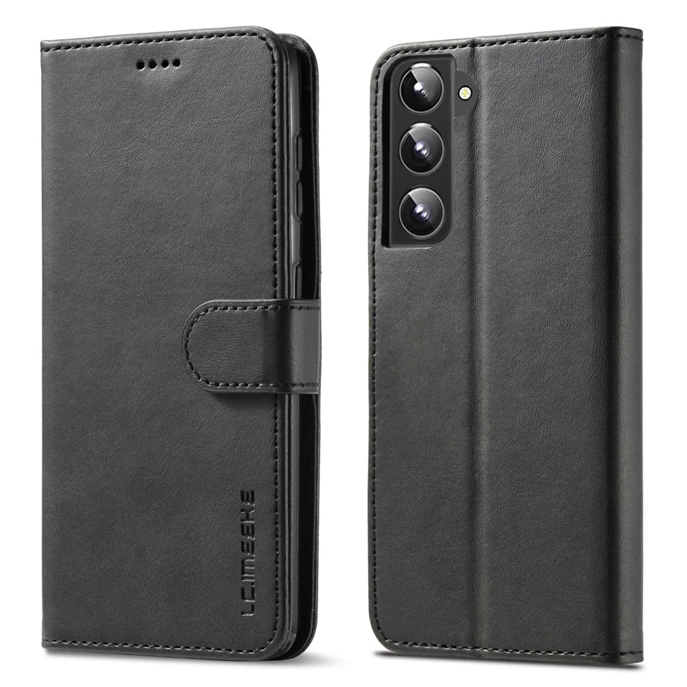 LC.IMEEKE Textured Wallet PU Leather Flip Folio Stand Case Fully Wrapped Phone Case Cover for Samsung Galaxy S21+ 5G - Black - 1