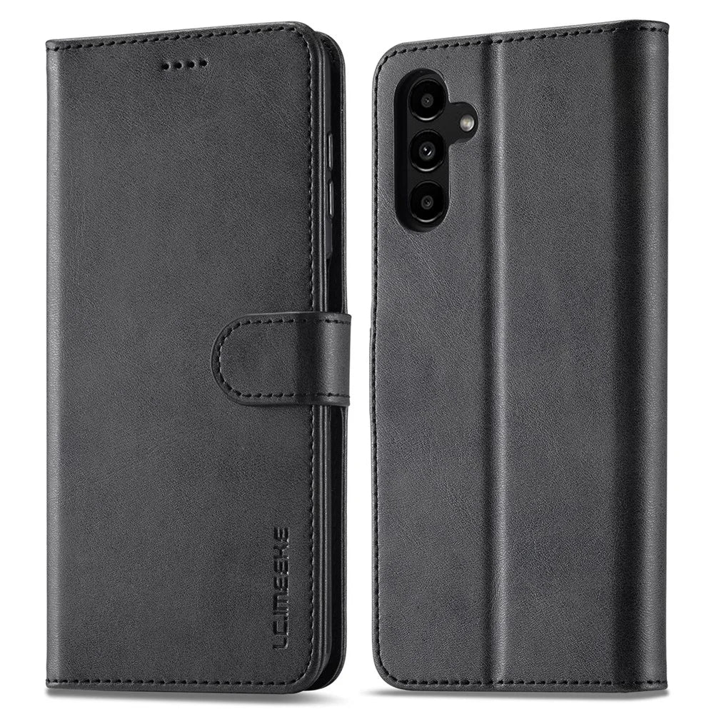 LC.IMEEKE Textured Wallet PU Leather Flip Folio Stand Case Drop-resistant Phone Case Cover for Samsung Galaxy A13 5G / A04s 4G (164.7mm) - Black - 1
