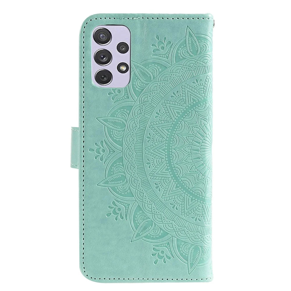 Imprinted Mandala Flower Stand Wallet Function PU Leather Phone Folio Flip Cover Case with Strap for Samsung Galaxy A73 5G - Green - 2
