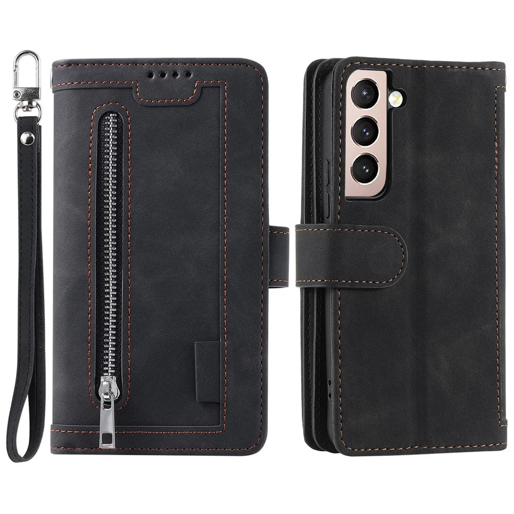 Shockproof Mobile Phone Wallet Phone Case Zipper Pocket Stand Phone Cover with Carrying Strap for Samsung Galaxy S22 5G - Black - 1