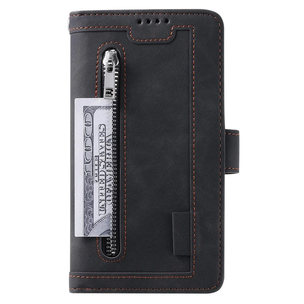 Shockproof Mobile Phone Wallet Phone Case Zipper Pocket Stand Phone Cover with Carrying Strap for Samsung Galaxy S22 5G - Black - 2