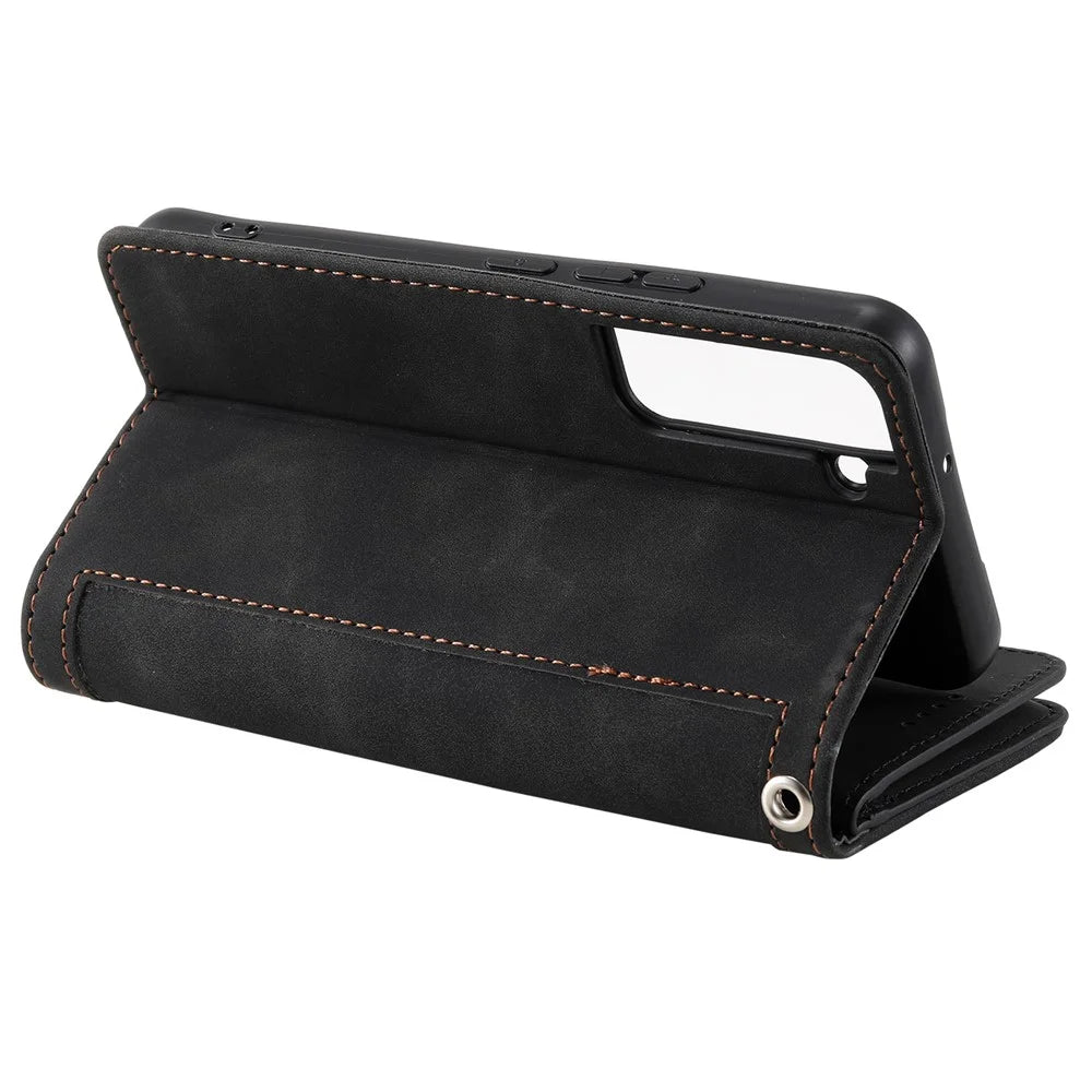 Shockproof Mobile Phone Wallet Phone Case Zipper Pocket Stand Phone Cover with Carrying Strap for Samsung Galaxy S22 5G - Black - 7