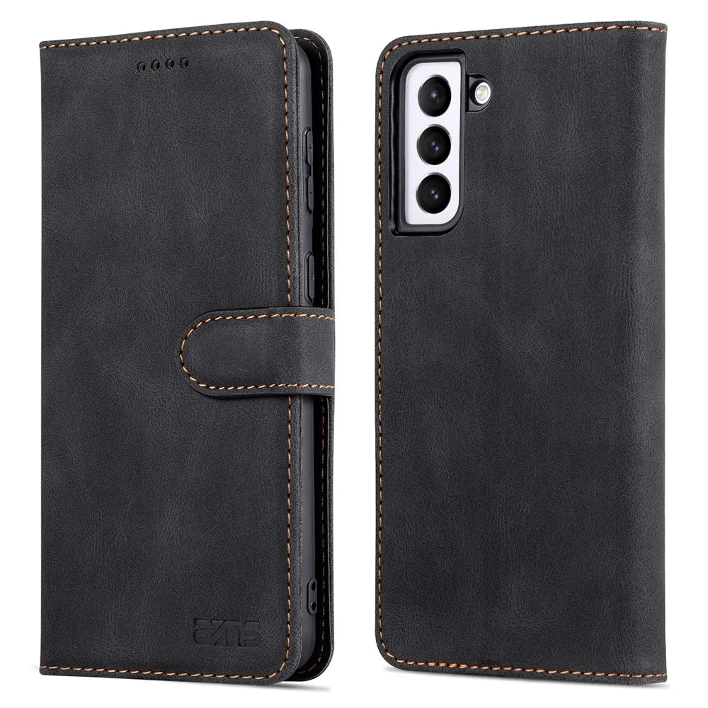 AZNS Mobile Phone Shell PU Leather Flip Wallet Case Stand Shockproof TPU Inner Phone Cover for Samsung Galaxy S21 FE 5G - Black - 1