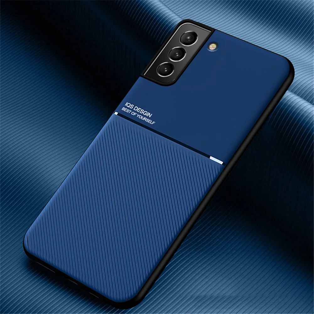 Business Style Anti-fall Phone Case TPU + PU Leather Shockproof Phone Cover with Built-in Magnetic Metal Sheet for Samsung Galaxy S22 5G - Blue - 2