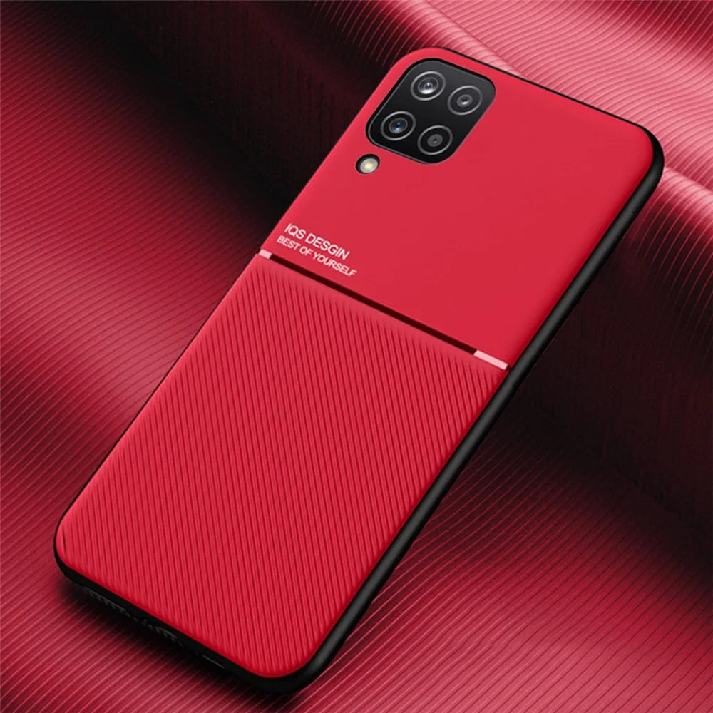 Textured Light Slim Phone Case TPU + PU Leather Anti-scratch Mobile Phone Cover with Built-in Magnetic Metal Sheet for Samsung Galaxy A12 - Red - 2