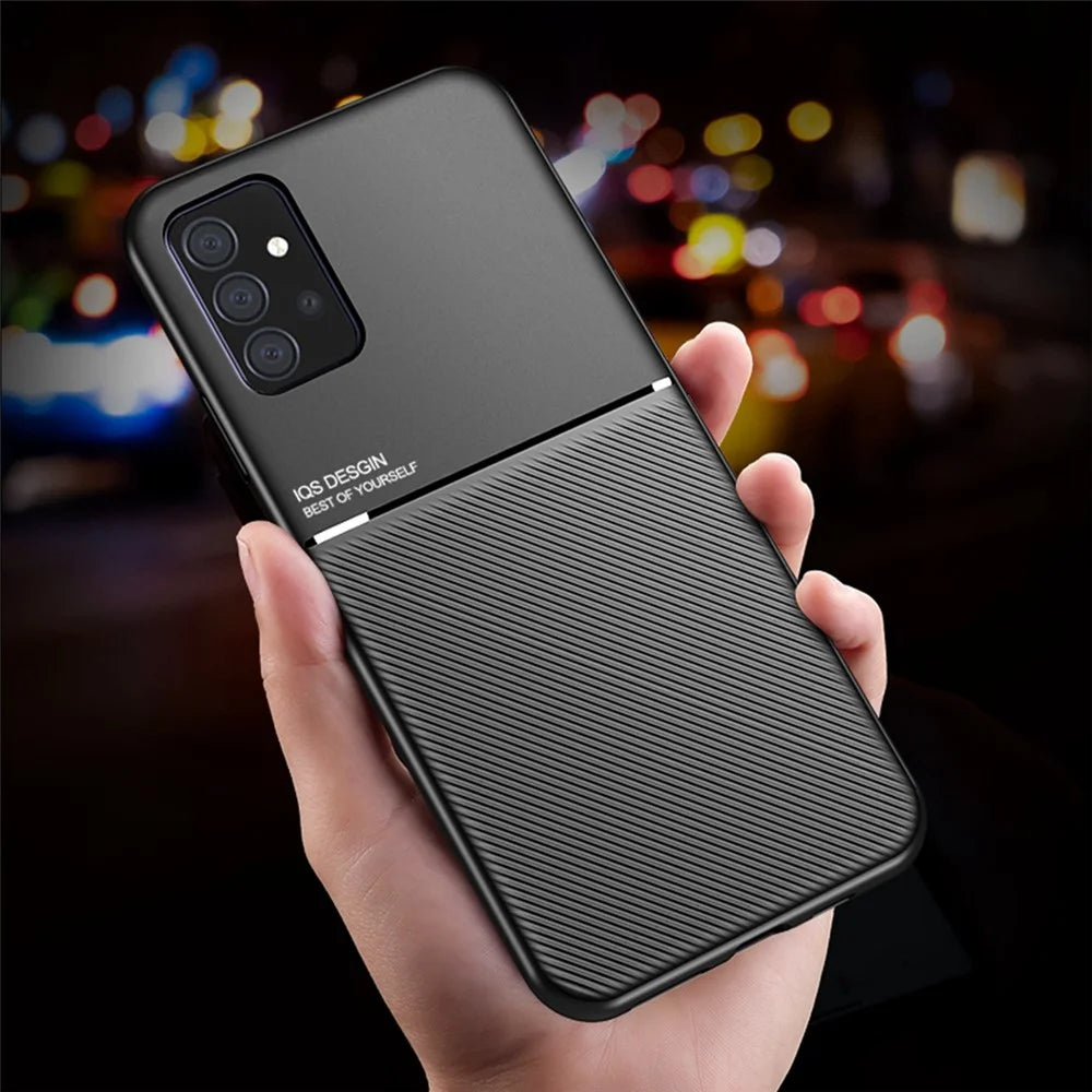For Samsung Galaxy A72 4G/5G Textured Anti-scratch Light Slim TPU + PU Leather Phone Case Cover with Built-in Magnetic Metal Sheet - Blue - 6