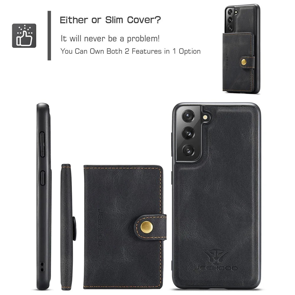 JEEHOOD Detachable -2-in-1 Wallet Kickstand Design Leather Coated TPU Phone Case for Samsung Galaxy S22 5G - Black - 5