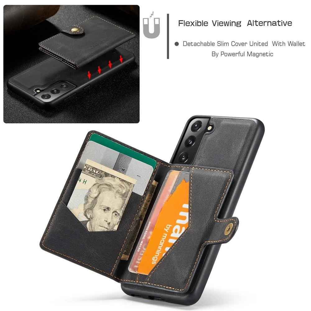 JEEHOOD Detachable -2-in-1 Wallet Kickstand Design Leather Coated TPU Phone Case for Samsung Galaxy S22 5G - Black - 6