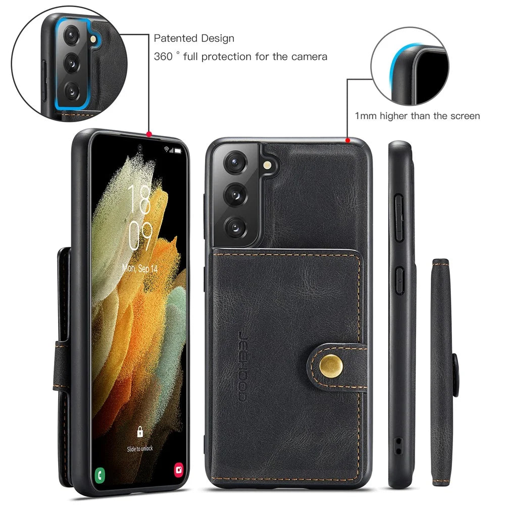 JEEHOOD Detachable -2-in-1 Wallet Kickstand Design Leather Coated TPU Phone Case for Samsung Galaxy S22 5G - Black - 7