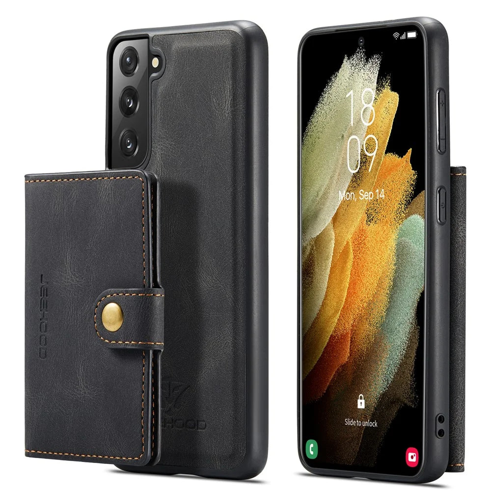 JEEHOOD Magnetic Absorption Detachable Wallet + Leather Coated TPU Cover Phone Case with Kickstand for Samsung Galaxy S22+ 5G - Black - 1