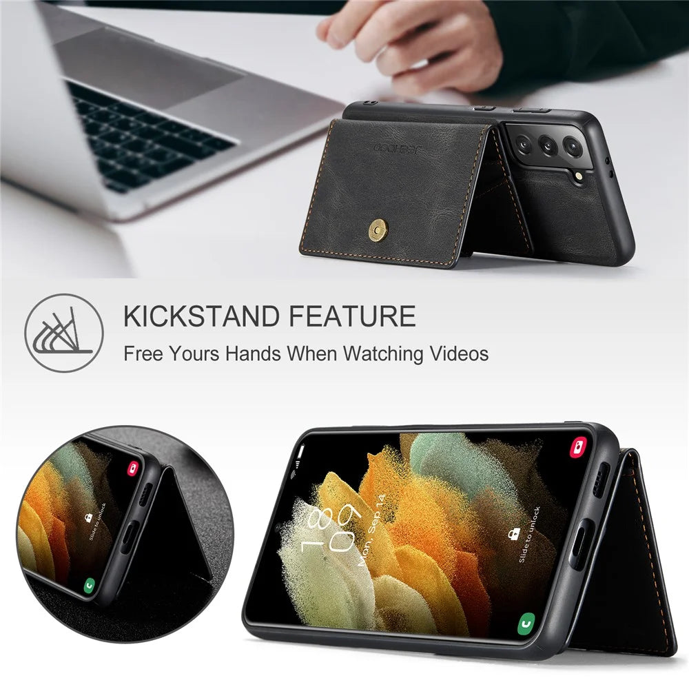 JEEHOOD Magnetic Absorption Detachable Wallet + Leather Coated TPU Cover Phone Case with Kickstand for Samsung Galaxy S22+ 5G - Black - 2