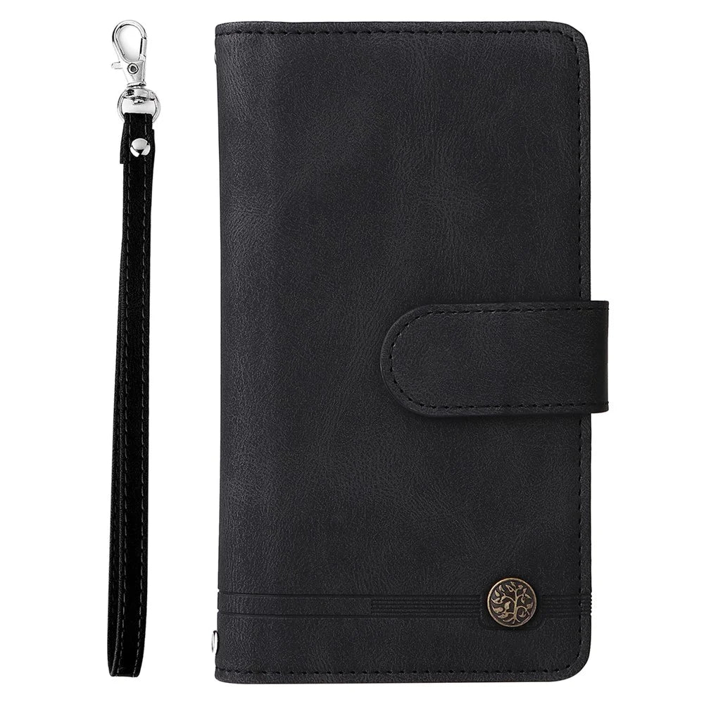 Imprinting Stripes PU Leather Shockproof Phone Cover Zipper Pocket Multiple Card Slots Protective Case for Samsung Galaxy S22 Ultra 5G - Black - 2