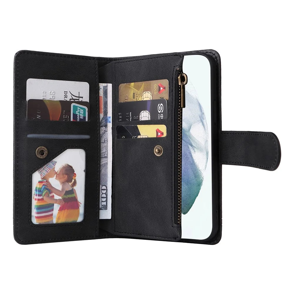 Imprinting Stripes PU Leather Shockproof Phone Cover Zipper Pocket Multiple Card Slots Protective Case for Samsung Galaxy S22 Ultra 5G - Black - 6