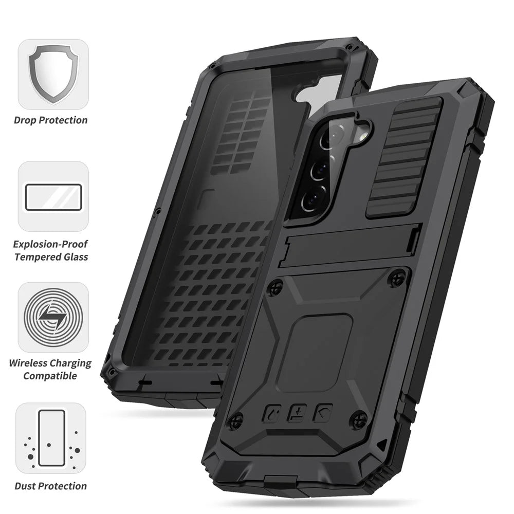 R-JUST for Samsung Galaxy S22 5G Waterproof Drop-Proof Case Kickstand Back Cover with Tempered Glass - Black - 2