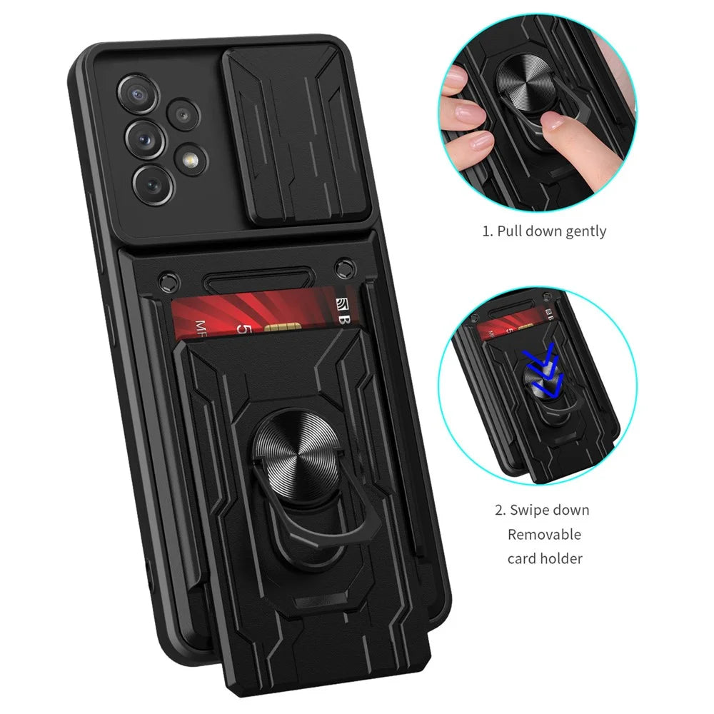 Kickstand Camera Cover Slide Anti-Scratch Protective Hard PC Soft TPU Case with Card Holder Slot for Samsung Galaxy A53 5G - Black - 6