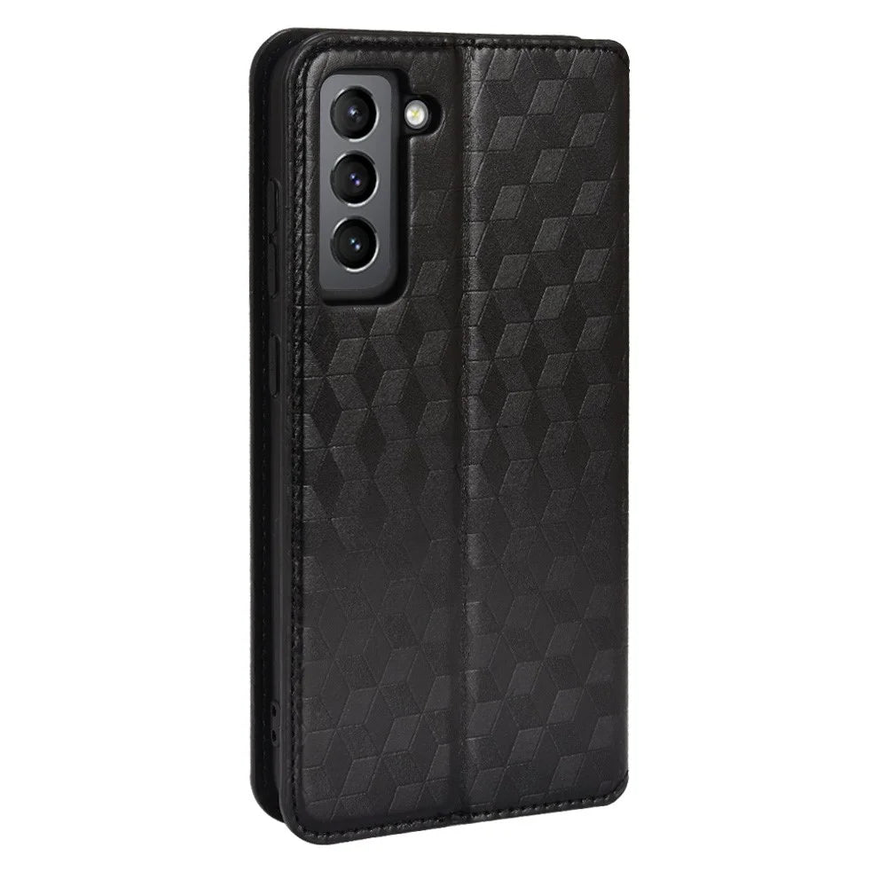 Imprinting 3D Rhombus Foldable Stand Leather Case Folio Flip Wallet Phone Case for Samsung Galaxy S21 FE 5G - Black - 3