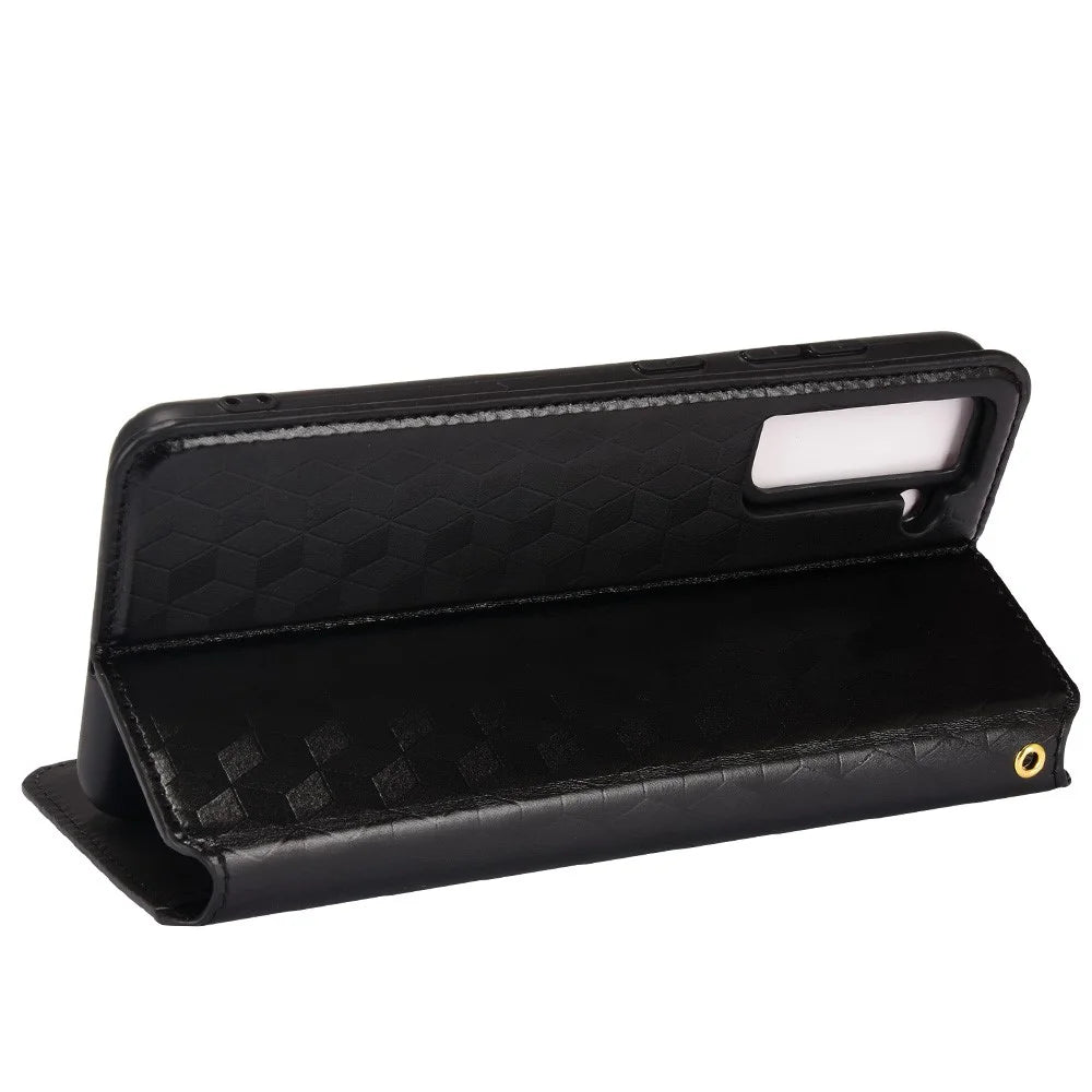 Imprinting 3D Rhombus Foldable Stand Leather Case Folio Flip Wallet Phone Case for Samsung Galaxy S21 FE 5G - Black - 5