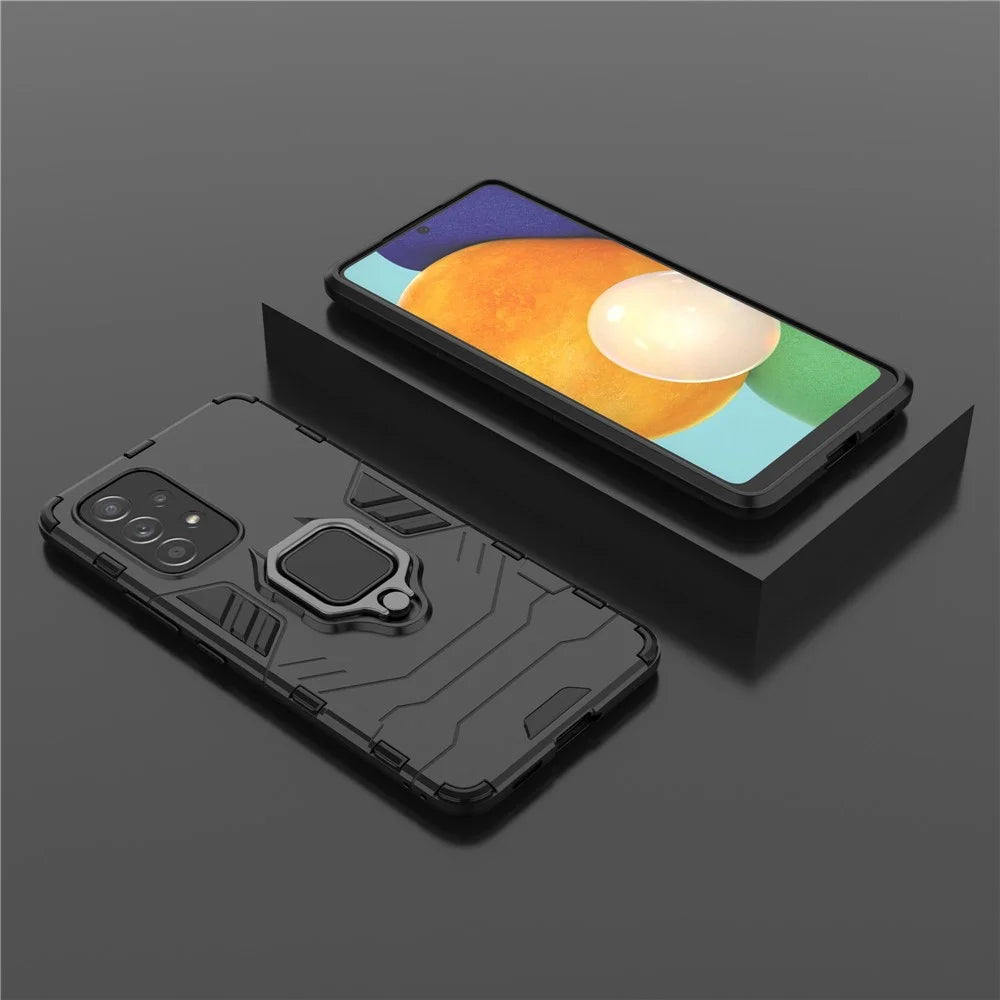 Ring Kickstand Hard PC + Soft TPU Heavy Duty Shockproof Defender Phone Case for Samsung Galaxy A53 5G - Black - 6