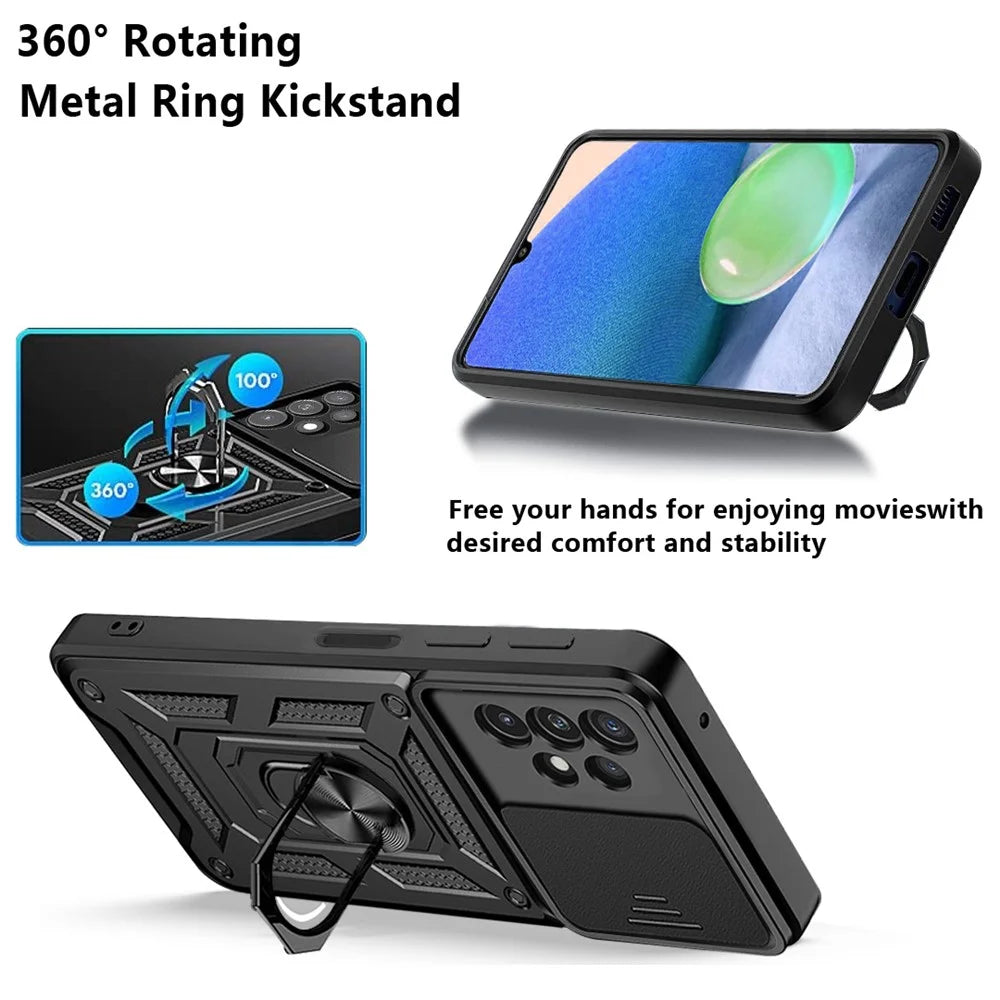 Rotating Metal Ring Kickstand Design Slide Camera Cover Anti-fingerprint PC + TPU Hybrid Phone Cover for Samsung Galaxy A13 4G - Black - 2