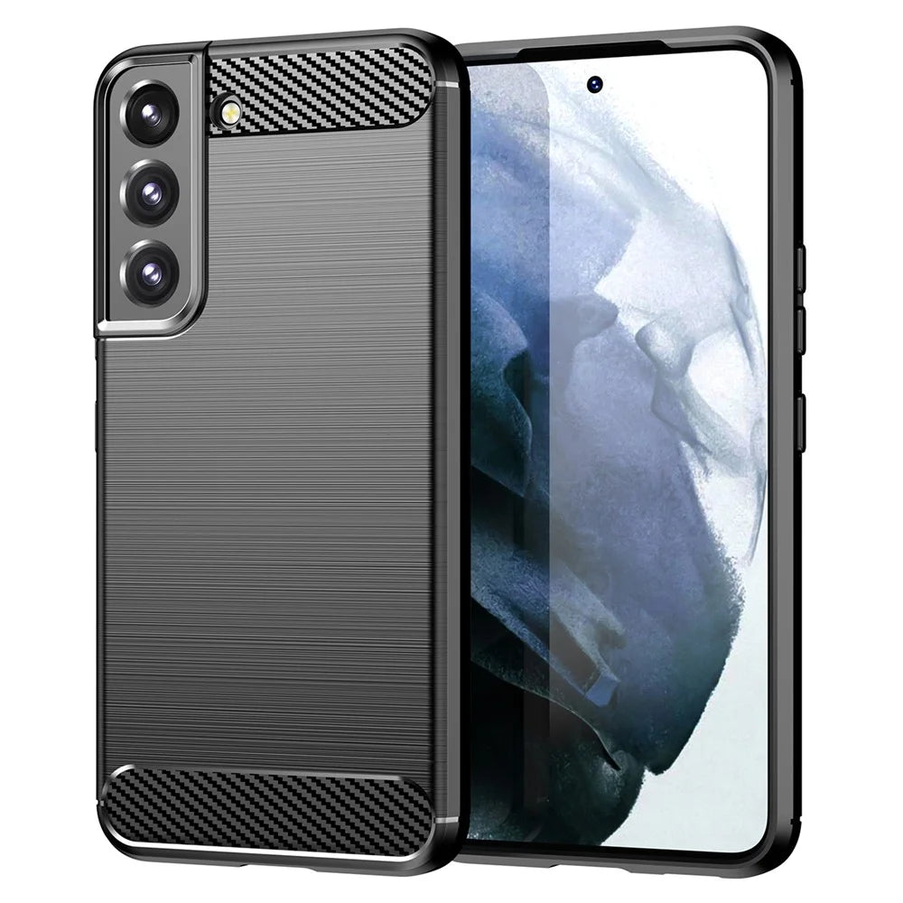 Brushed Surface TPU Case 1.8mm Thickness Ultra Lightweight Air Cushion Carbon Fiber Texture Phone Protective Cover for Samsung Galaxy S22+ 5G - Black - 1