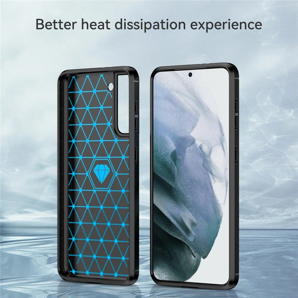 1.8mm Heat Dissipation TPU Case Anti-Scratch Anti-Fall Carbon Fiber Texture Phone Cover with Brushed Surface for Samsung Galaxy S21 4G/5G - Black - 4