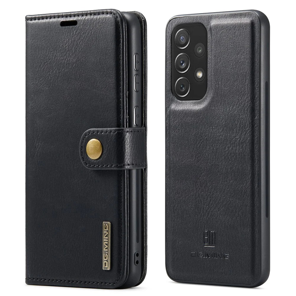 DG.MING Split Leather Wallet Phone Case Folio Flip Magnetic Detachable Stand Cover for Samsung Galaxy A73 5G - Black - 1