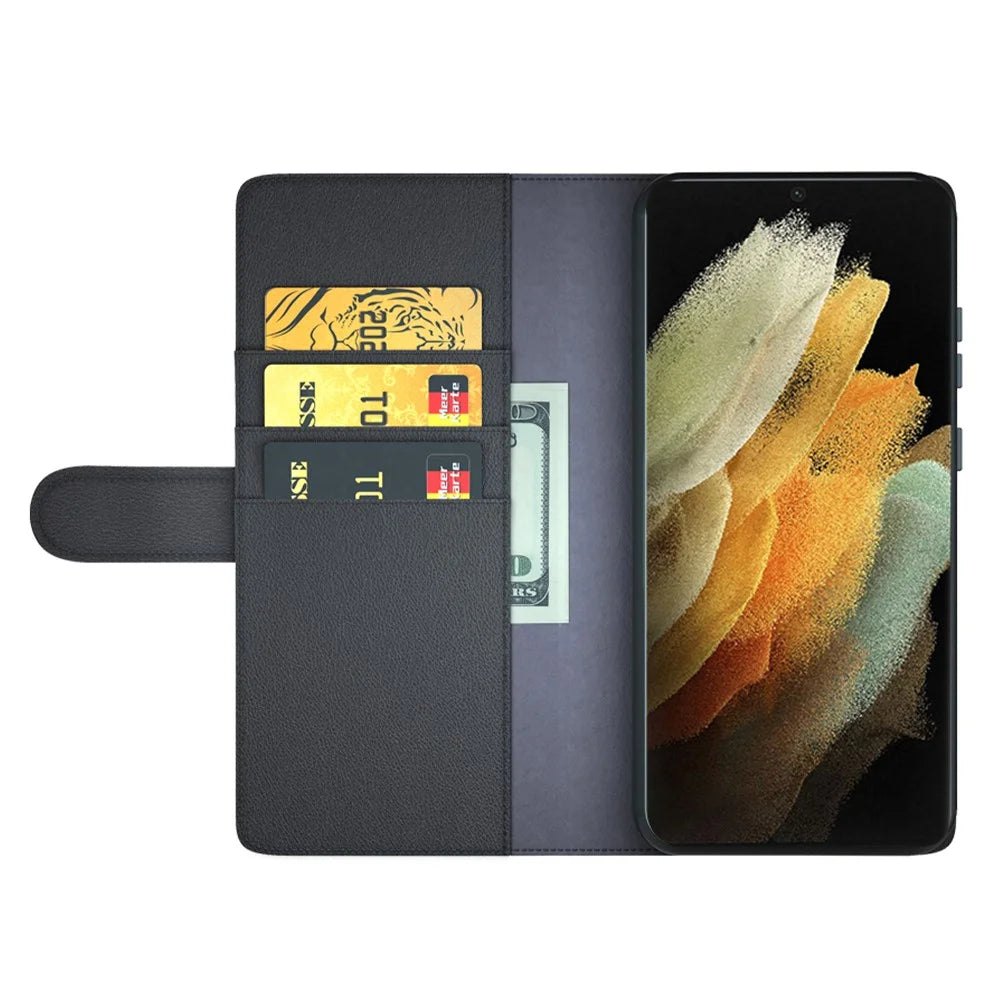 Overall Wrapped Genuine Split Leather Phone Case Stand TPU Wallet Flip Cover for Samsung Galaxy S22 Ultra 5G - Black - 4