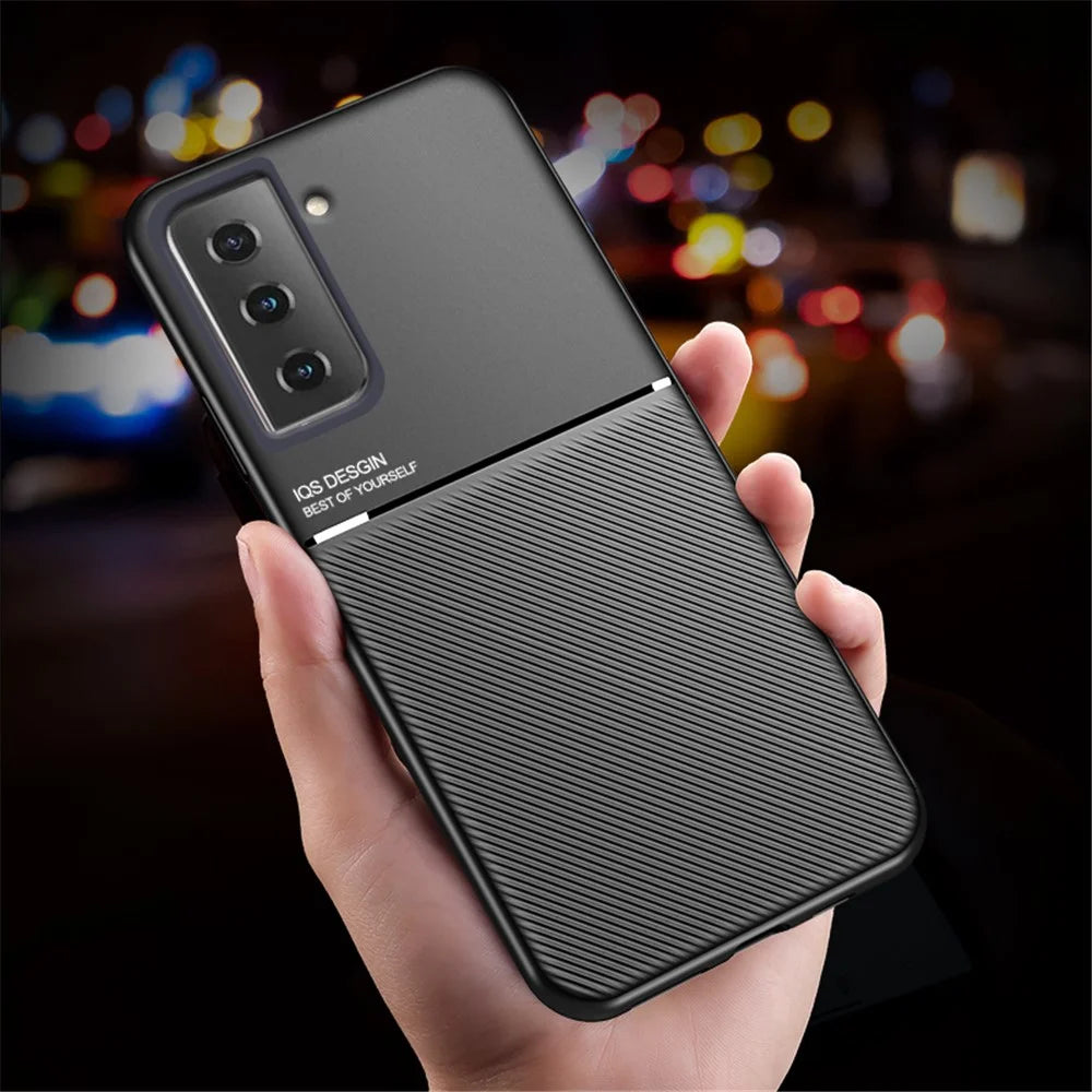 Lines Imprinting PU Leather Ultra Thin Shockproof TPU Back Protective Shell Cover with Built-in Magnetic Metal Sheet for Samsung Galaxy S21 FE 5G / S21 Fan Edition - Black - 2