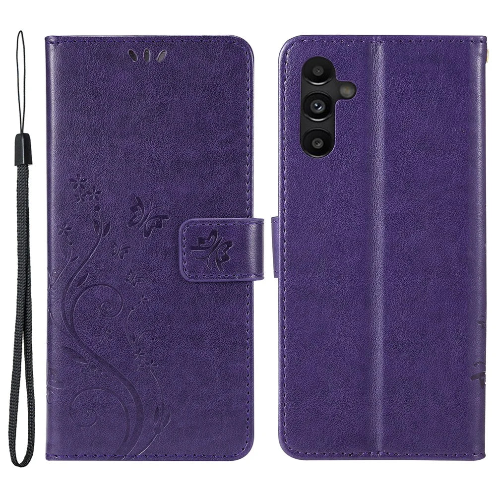 For Samsung Galaxy A13 5G / A04s 4G (164.7mm) PU Leather Phone Covering Smartphone Case Stylish Imprint Butterflies Practical Wallet - Dark Purple - 1