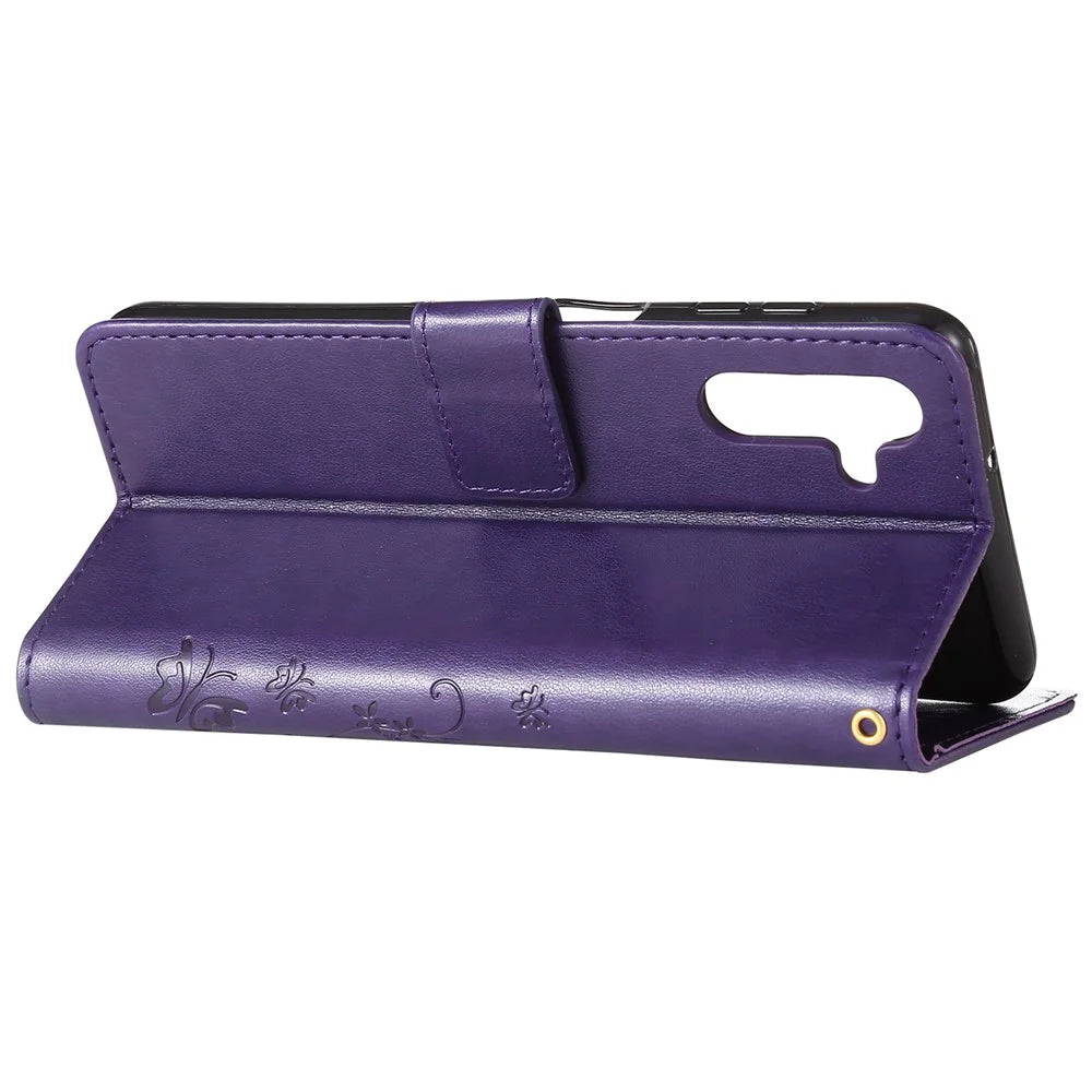 For Samsung Galaxy A13 5G / A04s 4G (164.7mm) PU Leather Phone Covering Smartphone Case Stylish Imprint Butterflies Practical Wallet - Dark Purple - 6