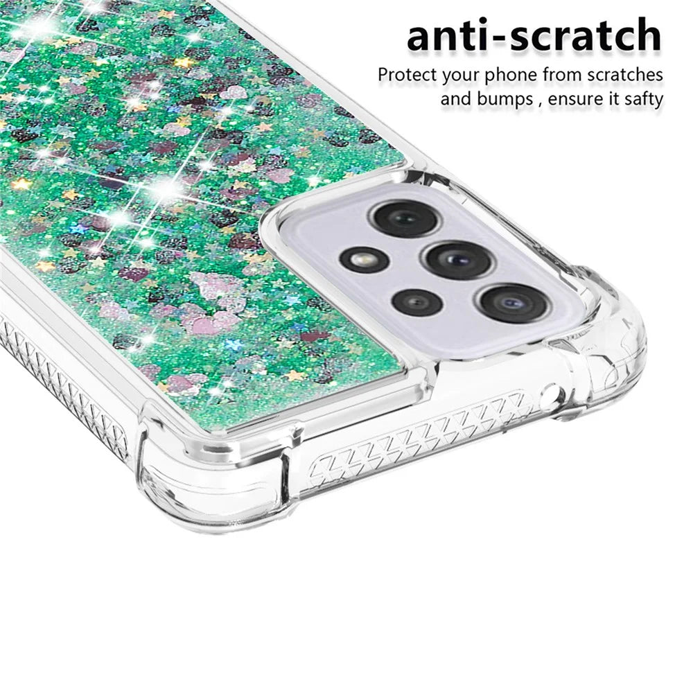 LE1 Series Glitter Case for Samsung Galaxy A73 5G, Sparkle Quicksand Floating Liquid Soft TPU Protective Phone Case - Green/Hearts - 4