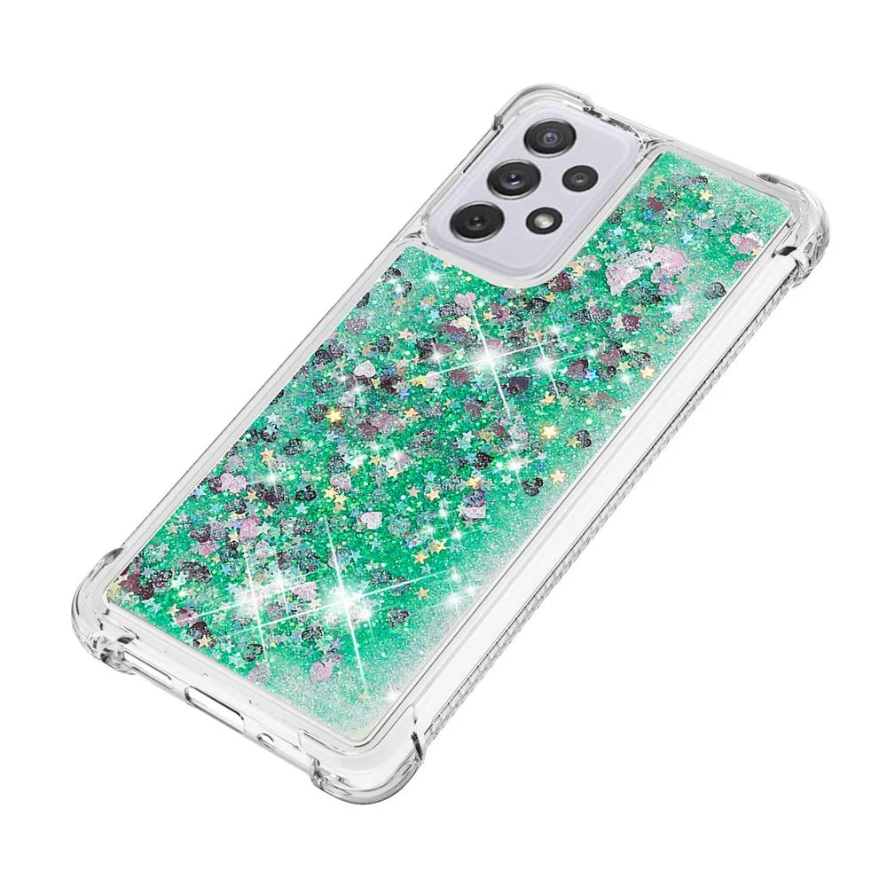 LE1 Series Glitter Case for Samsung Galaxy A73 5G, Sparkle Quicksand Floating Liquid Soft TPU Protective Phone Case - Green/Hearts - 6
