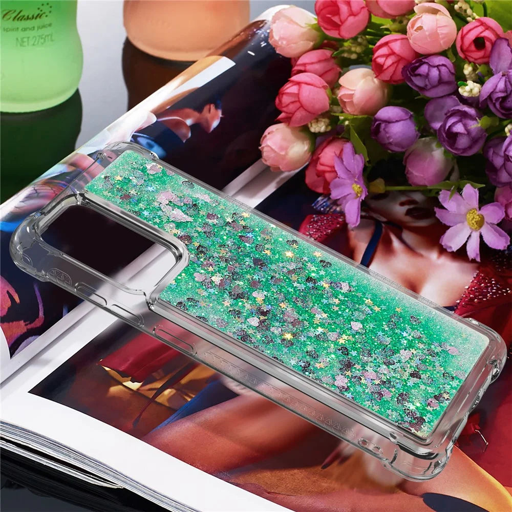 LE1 Series Glitter Case for Samsung Galaxy A73 5G, Sparkle Quicksand Floating Liquid Soft TPU Protective Phone Case - Green/Hearts - 7