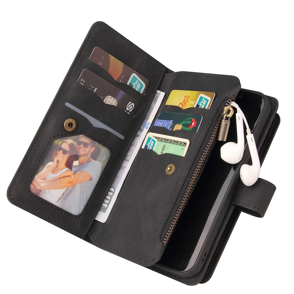 For Samsung Galaxy A53 5G Zipper Wallet Case with 15 Card Slots and Strap Leather Phone Cover - Black - 5