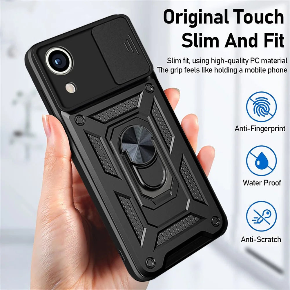 For Samsung Galaxy A03 Core PC + TPU Anti-Scratch Armour Phone Cover Ring Holder Kickstand Protective Case with Camera Slide Cover - Black - 6