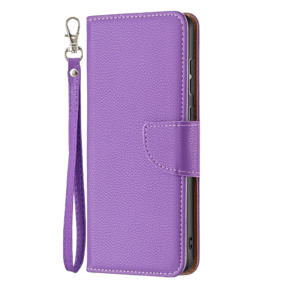 For Samsung Galaxy A33 5G Litchi Texture PU Leather Phone Case Wallet Solid Color Anti-fall Phone Cover with Strap - Purple - 2