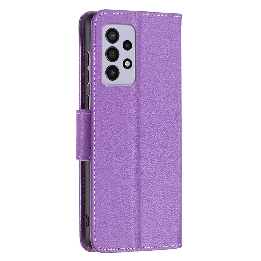For Samsung Galaxy A33 5G Litchi Texture PU Leather Phone Case Wallet Solid Color Anti-fall Phone Cover with Strap - Purple - 3
