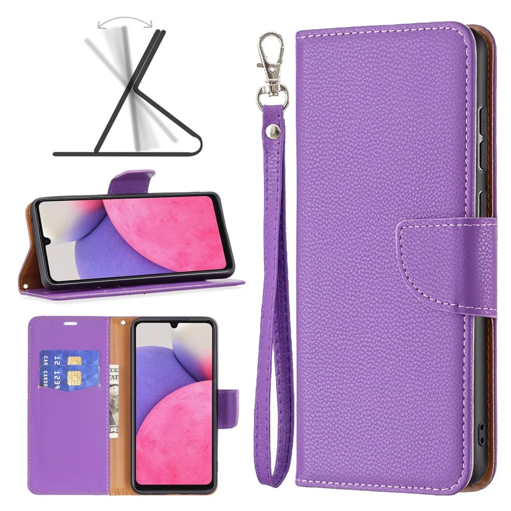 For Samsung Galaxy A33 5G Litchi Texture PU Leather Phone Case Wallet Solid Color Anti-fall Phone Cover with Strap - Purple - 4