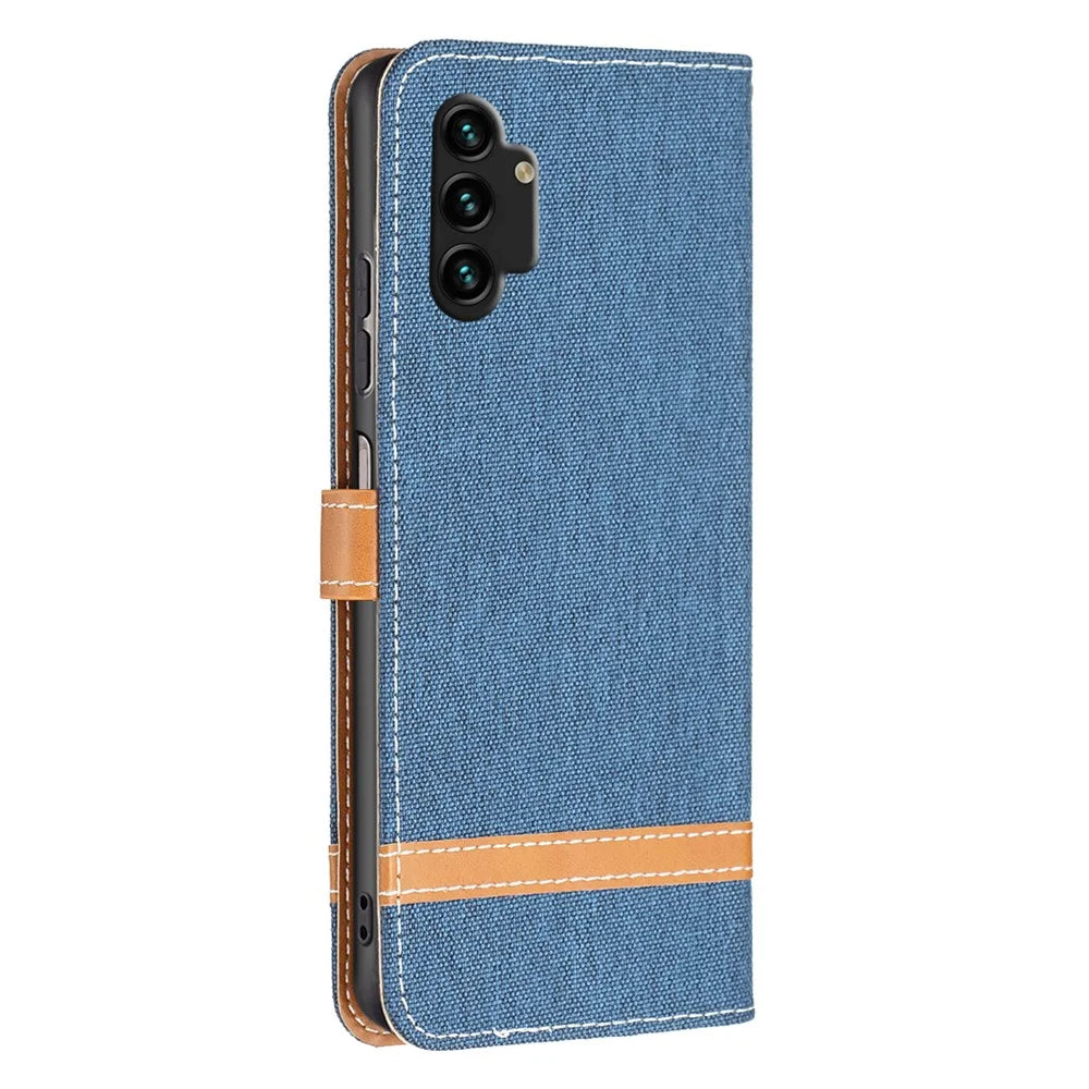 For Samsung Galaxy A13 4G / A13 5G / A04 4G (164.4 x 76.3 x 9.1 mm) Jeans Cloth Texture PU Leather Color Matching Wallet Cover - Navy Blue - 3