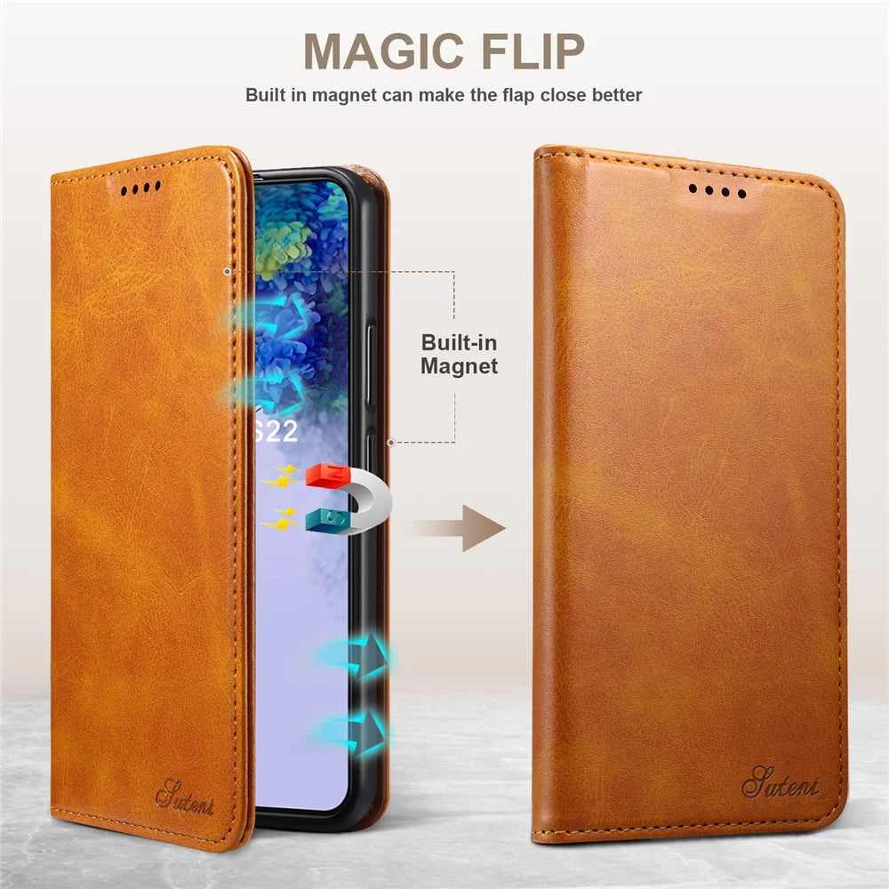 SUTENI for Samsung Galaxy S22 5G Auto-absorbed Magnetic Drop-proof Stand Wallet Leather Case Phone Cover - Khaki - 4